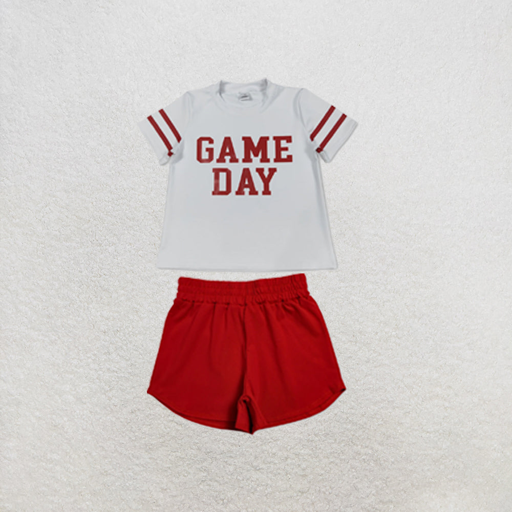 RTS NO MOQ Sibling yoga fabric Baby Girls Vinyl Red Game Day Print Top Matching Shorts Two Piece Team Active Clothes Set