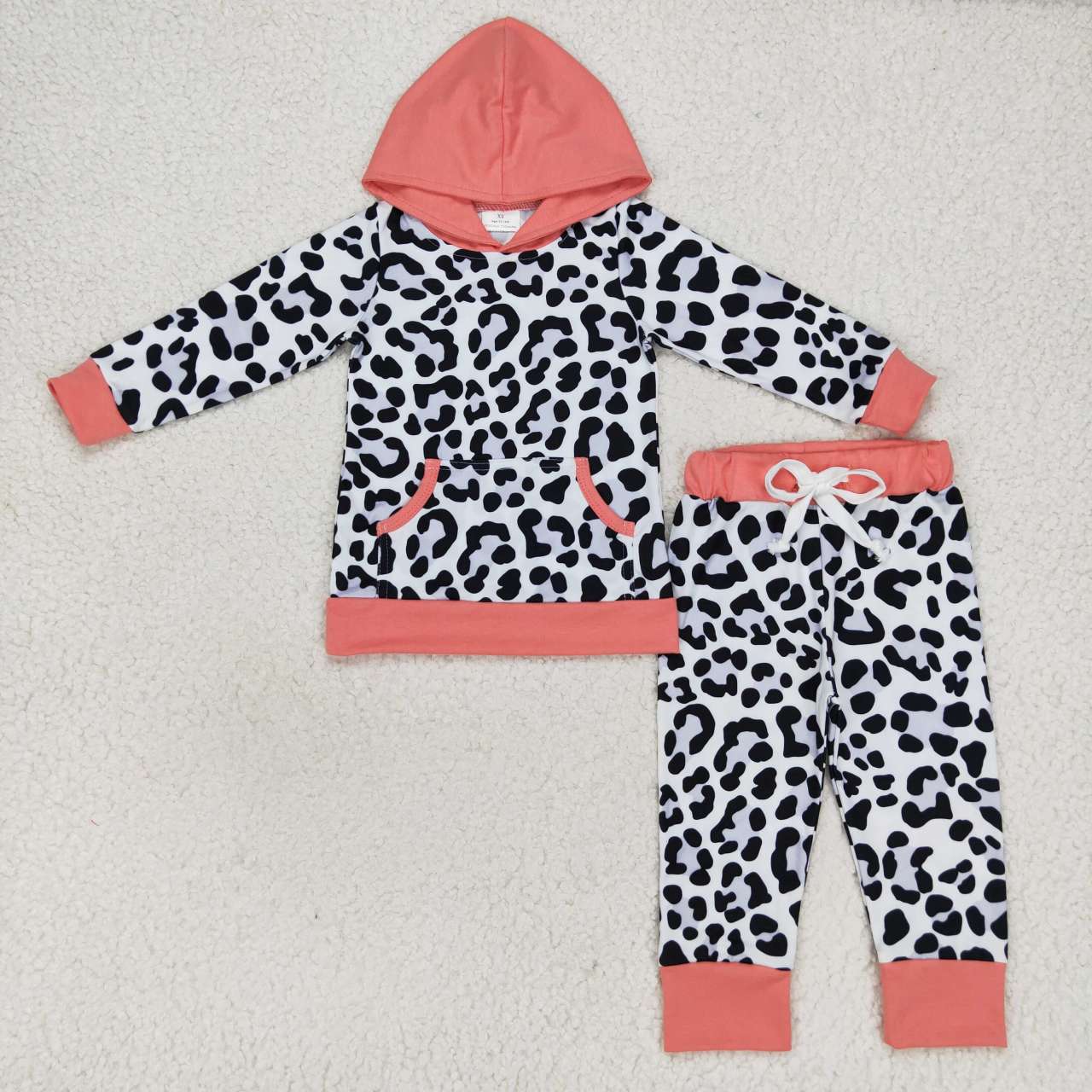 RTS NO MOQ（In Stock) GLP0795 Leopard print pocket pink hooded long sleeve trousers suit