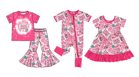 11.1 custom each style moq 5eta 4-6week Sibling Sister catcus smiley pink baby girl sets and dress and rompers match family design