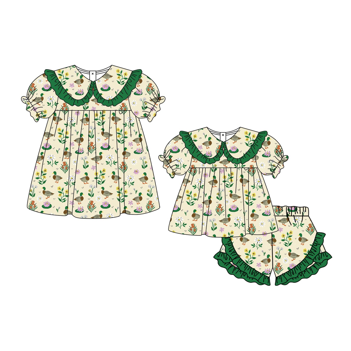 3.3 Custom moq 5 mix size Sibling Baby Girl's green flowers Short-Sleeved Top And Shorts Set Cute Dress for Summer