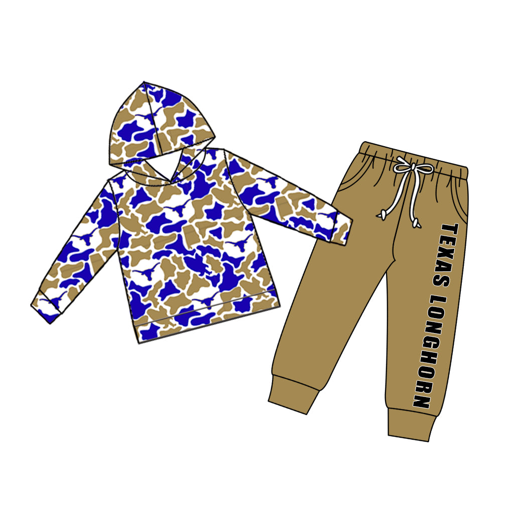 Custom moq 5 mix size teams Baby Boy Casual Camo Hooded Top Drawstring Pants Set with Pockets