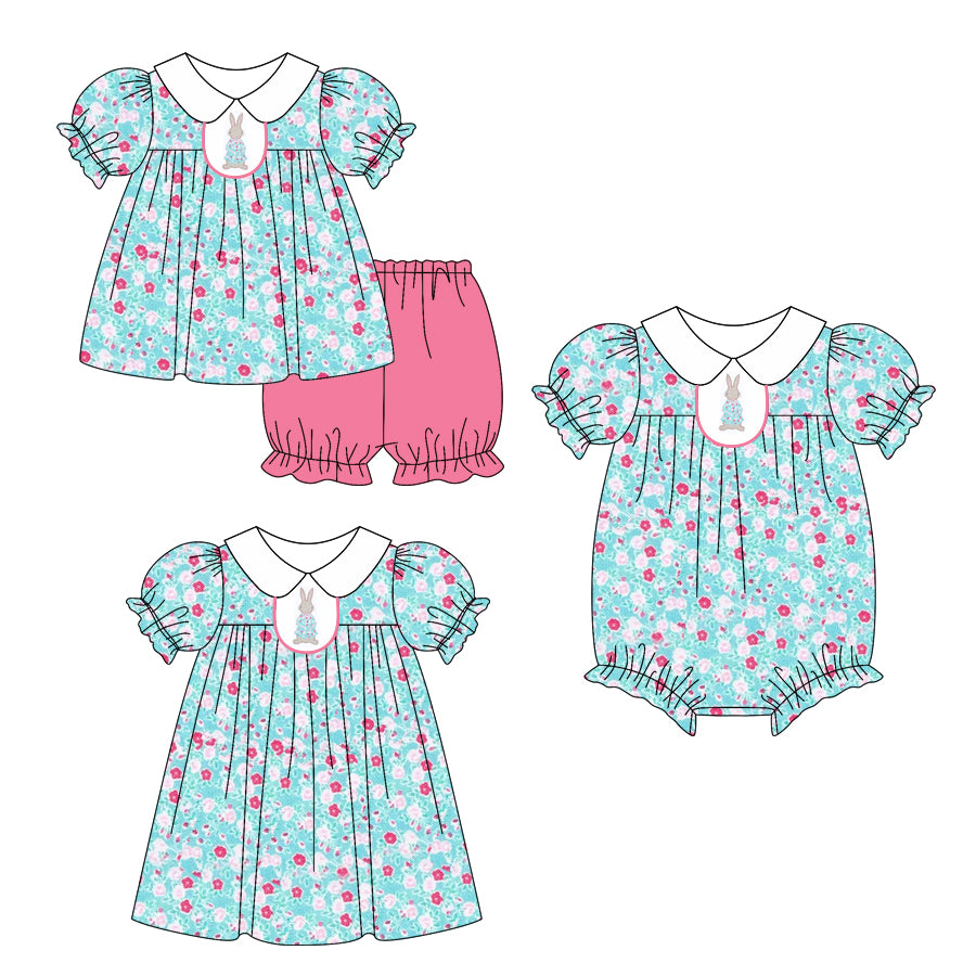 25.11.1 custom each style moq 5 eta 6-8week Sibling Sister bunny floral baby short sleeve shorts sets and romper and dress match design
