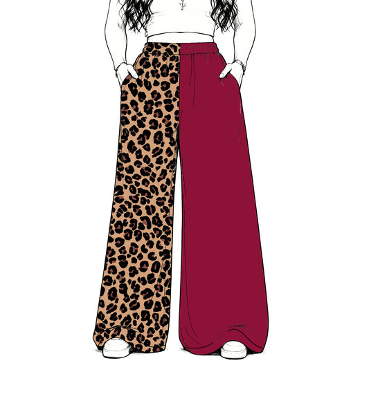 custom moq 5 mix size Baby Kids Leopard Print Wine Red Patchwork Team Flare Pant Casual Bottom