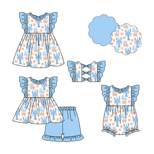 4.23 custom each style moq 5eta 4-6week Sibling Sisters lobster bow floral baby girl short sleeve shorts sets and dress and rompers match family design