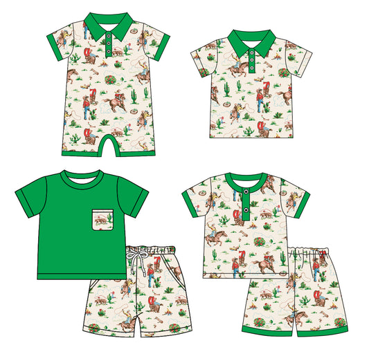 4.21 custom each style moq 5eta 4-6week Sibling Sister riding horse catcus baby boy sets 1 and sets 2 and boy rompers and top match family design