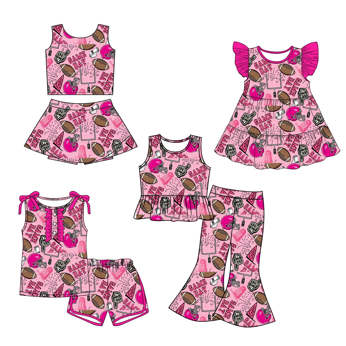 26.1.12 custom each style moq 5 eta 6-8week Sibling Sister GAME DAY baby short sleeve shorts sets 2 and pants set and dress match design