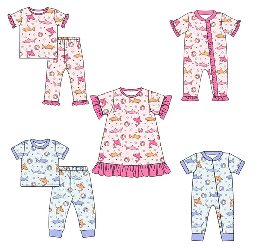 12.2 custom each style moq 5eta 4-6week Sibling Sister fish baby girl sets 1 and sets 2 and dress and boy rompers and girl romper match family design