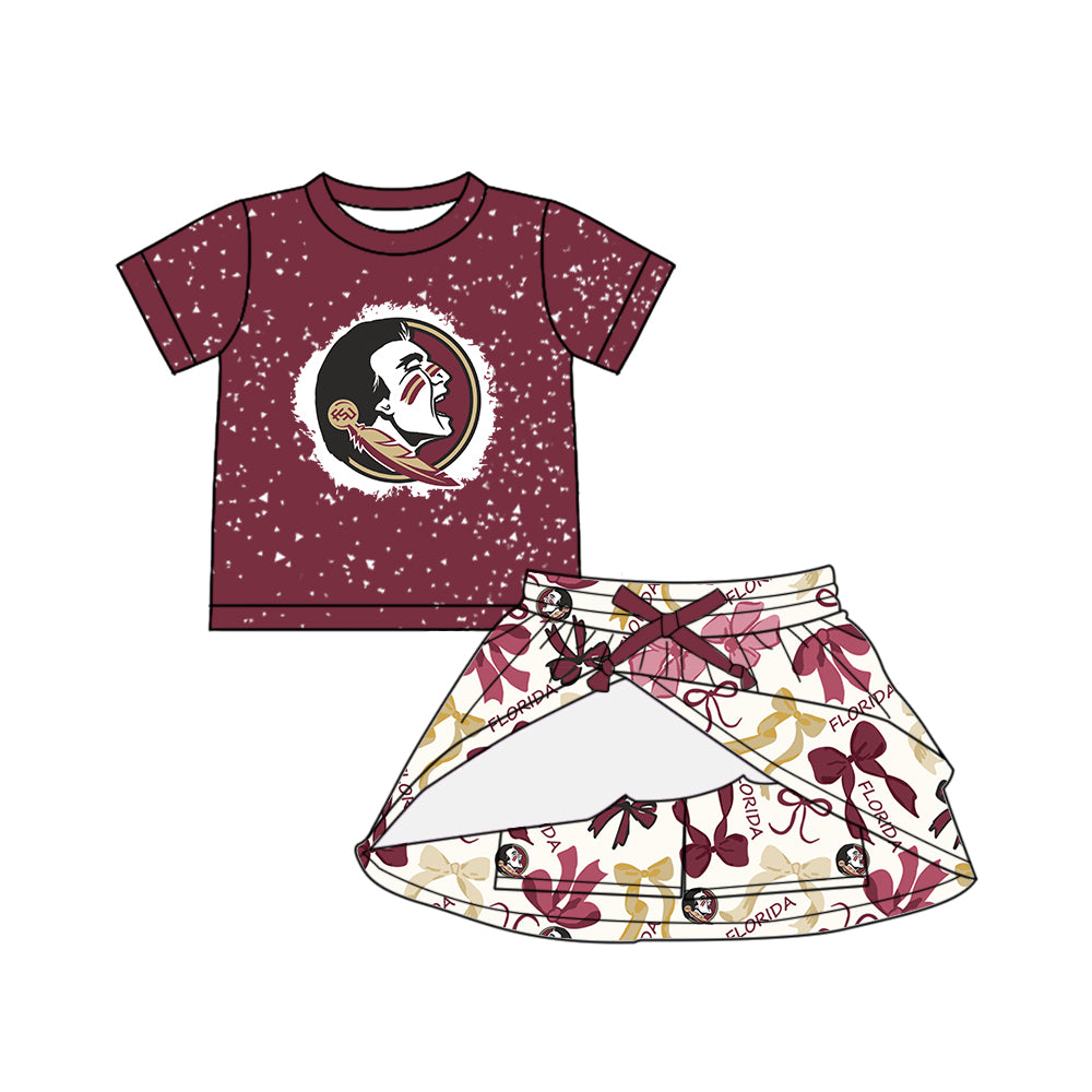 Custom moq 5 mix sizes summer teams baby girls clothes team brick red short sleeve skirts shorts sets dress 1 and dress 2 and dress 3 and dress 4-25.5.15