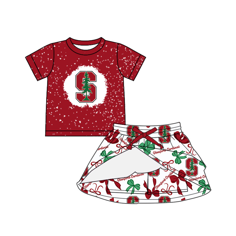 Custom moq 5 mix sizes summer teams baby girls clothes team brick red short sleeve skirts shorts sets dress 1 and dress 2 and dress 3 and dress 4-25.5.24