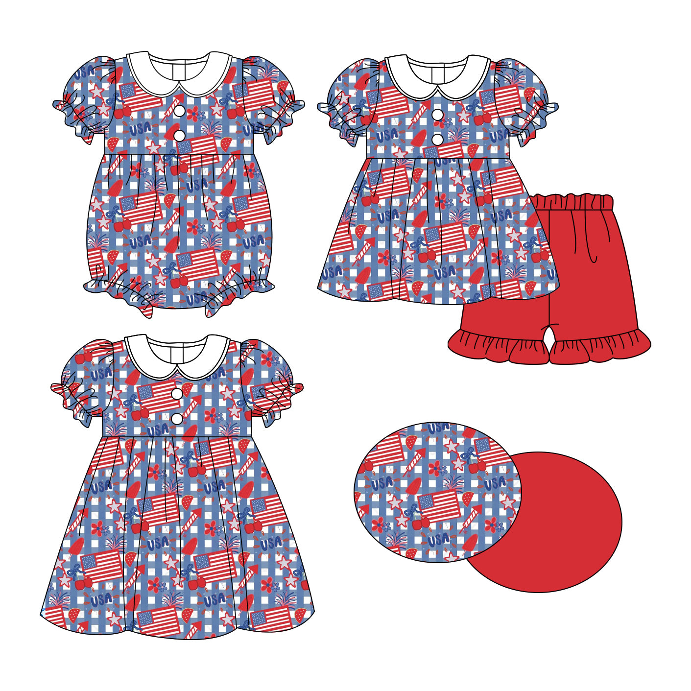 25.11.3 custom each style moq 5 eta 6-8week Sibling Sister USA flag baby short sleeve shorts sets and romper and dress match design