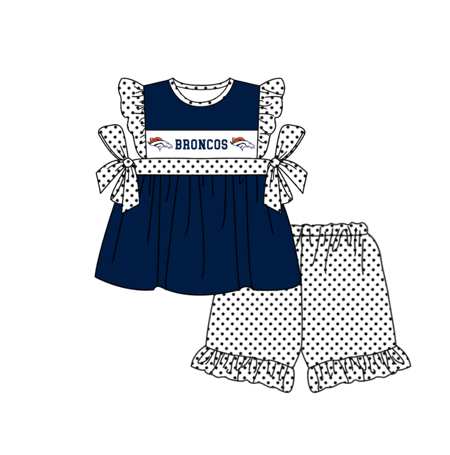 Custom moq 5 mix size milk silk summer teams baby girl boys clothes Navy blue short sleeve shorts sets 2  and dress and rompers 2 series