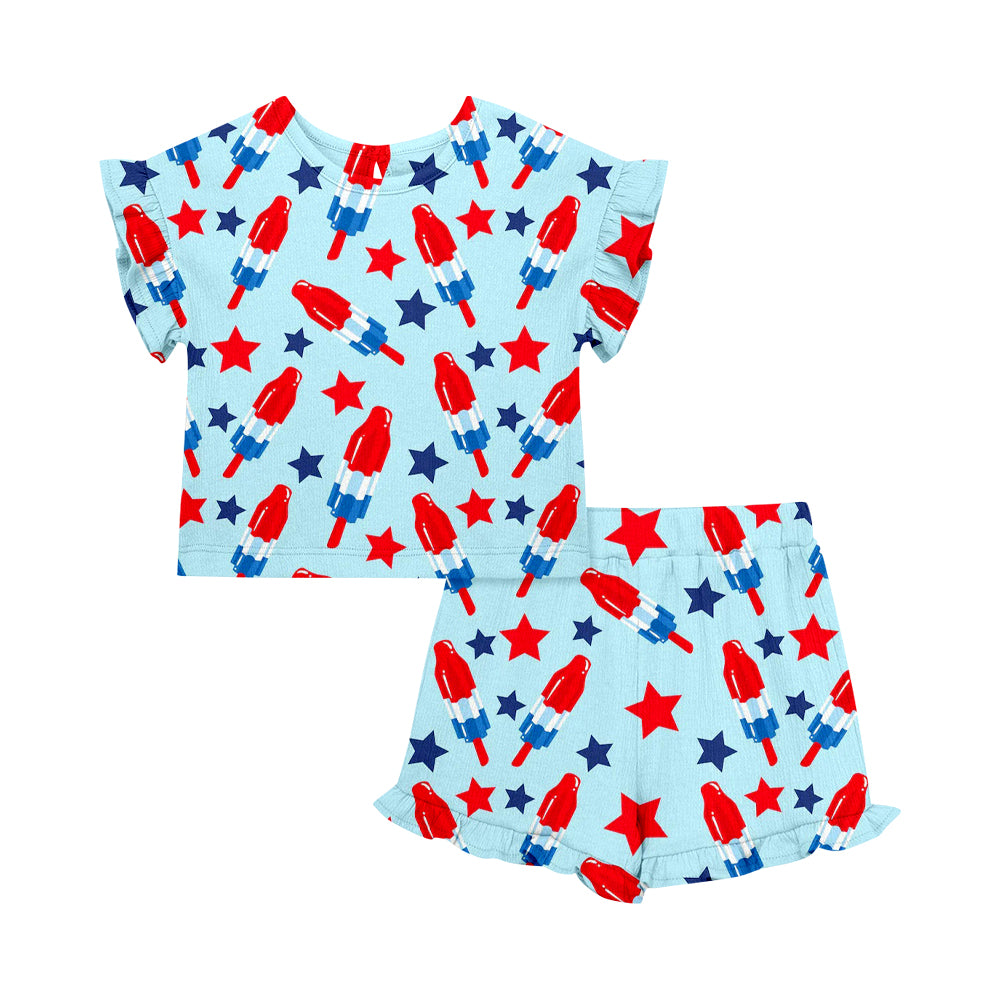Custom moq 5 mix size Baby Girl's Blue Short-Sleeved Top And Shorts Set Cute 4th of July Outfit
