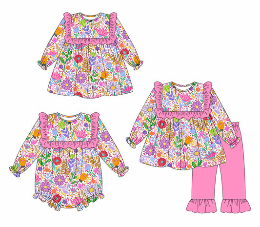 25.6.2 custom each style moq 5eta 4-6week Sibling Sisters floral baby girl long sleeve pants sets and dress and rompers match family design