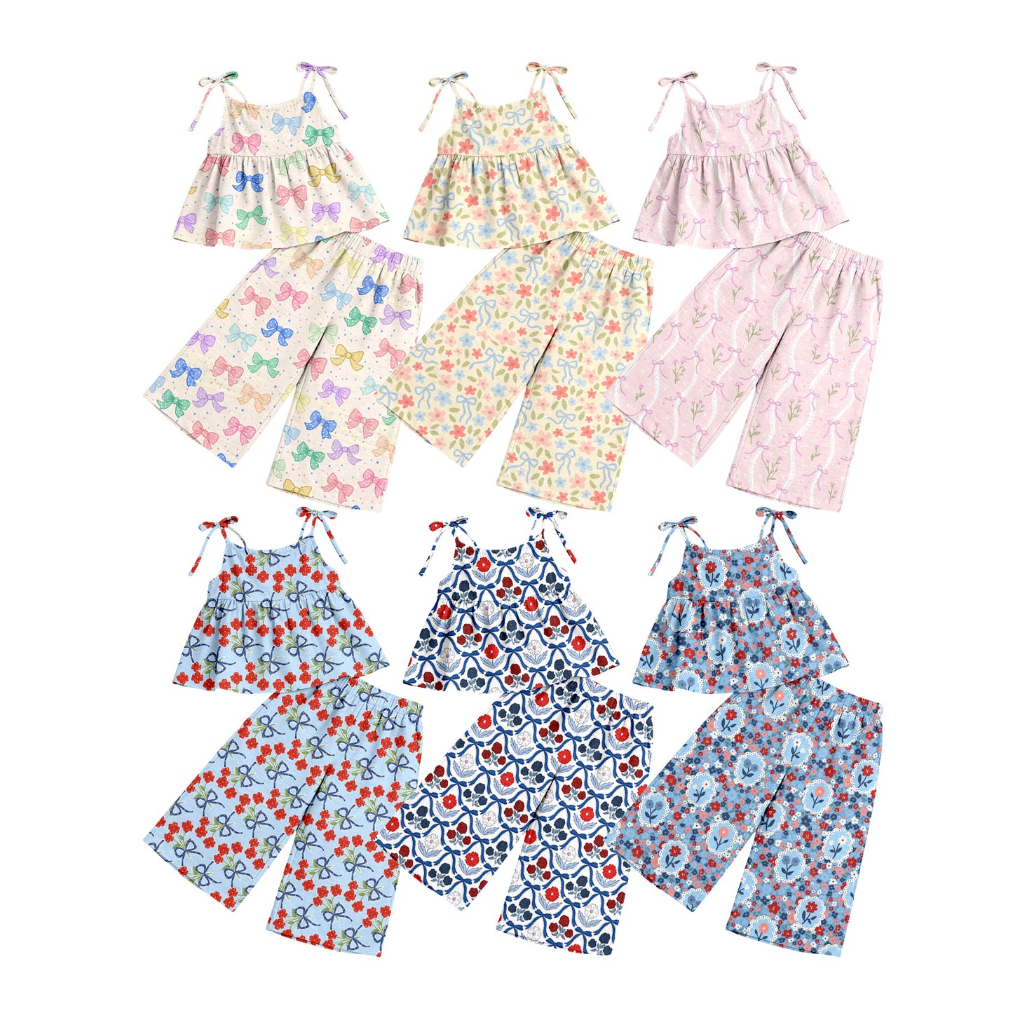 3.19 Custom moq 5 mix size Sibling Baby Girl's Flowers Strap Top And Pants Set Outfit