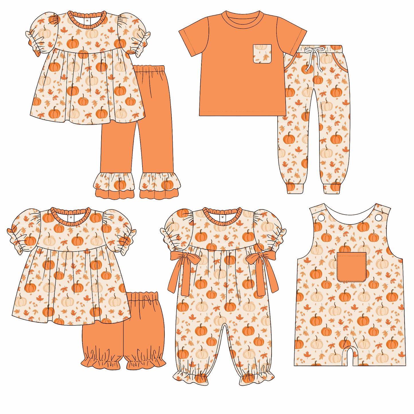 4.15  Custom moq 5 mix size Sibling Baby Boy Girls Pumpkin Short-Sleeved Top Pants Set Matching Romper