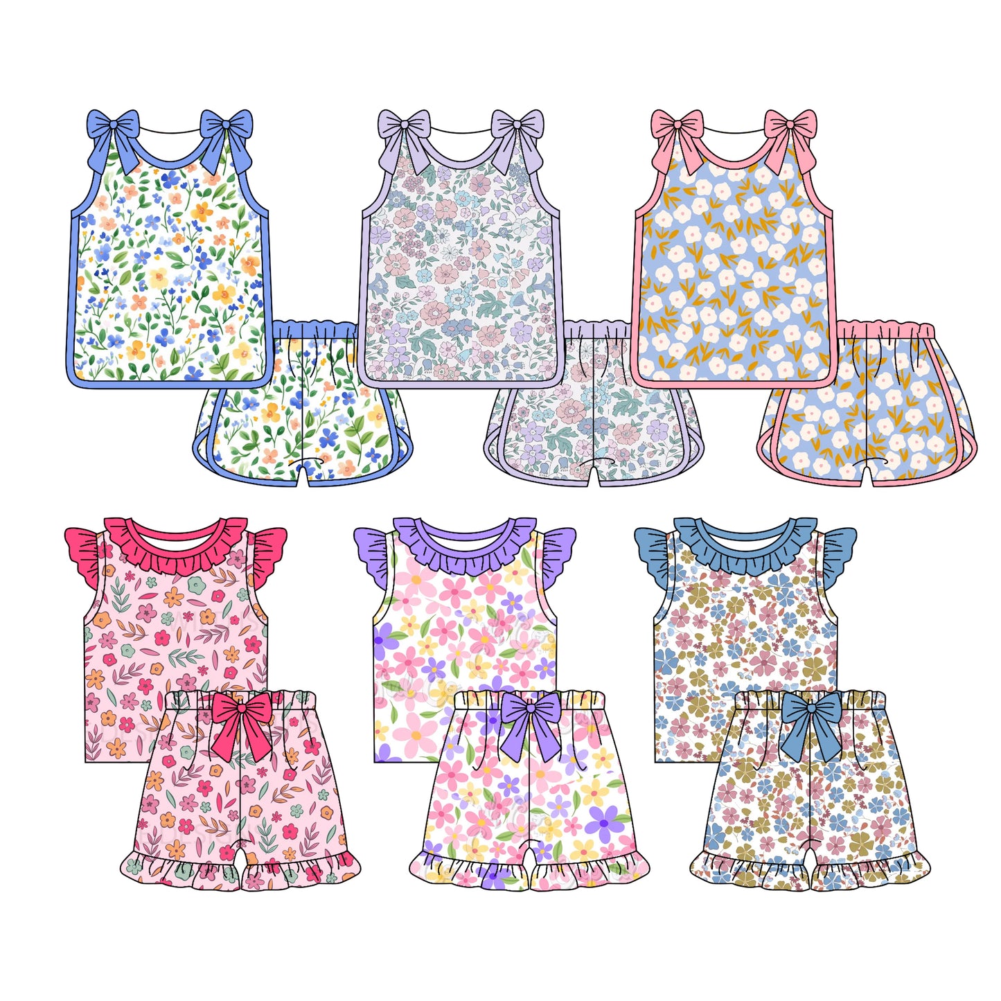3.25 Custom moq 5 mix size Sibling Baby Girl's Colorful Flowers Sleeveless Top And Shorts Set Cute Casual Outfit