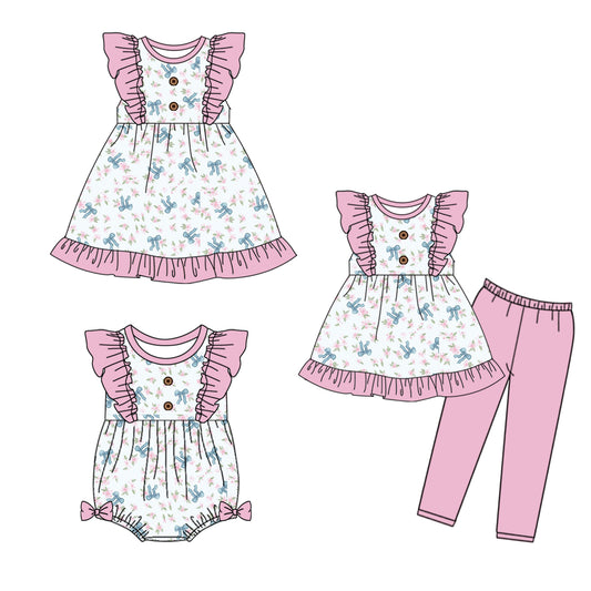 4.30 custom each style moq 5eta 4-6week Sibling Sisters bow floral baby girl short sleeve pants sets and dress and rompers match family design