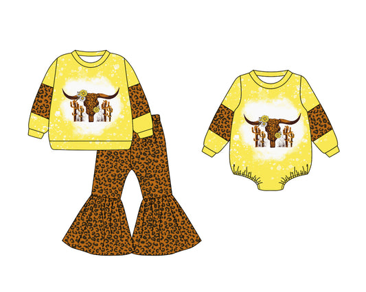 25.5.9 custom each style moq 5eta 4-6week Sibling Sisters cow head baby girl long sleeve pants sets and rompers match family design