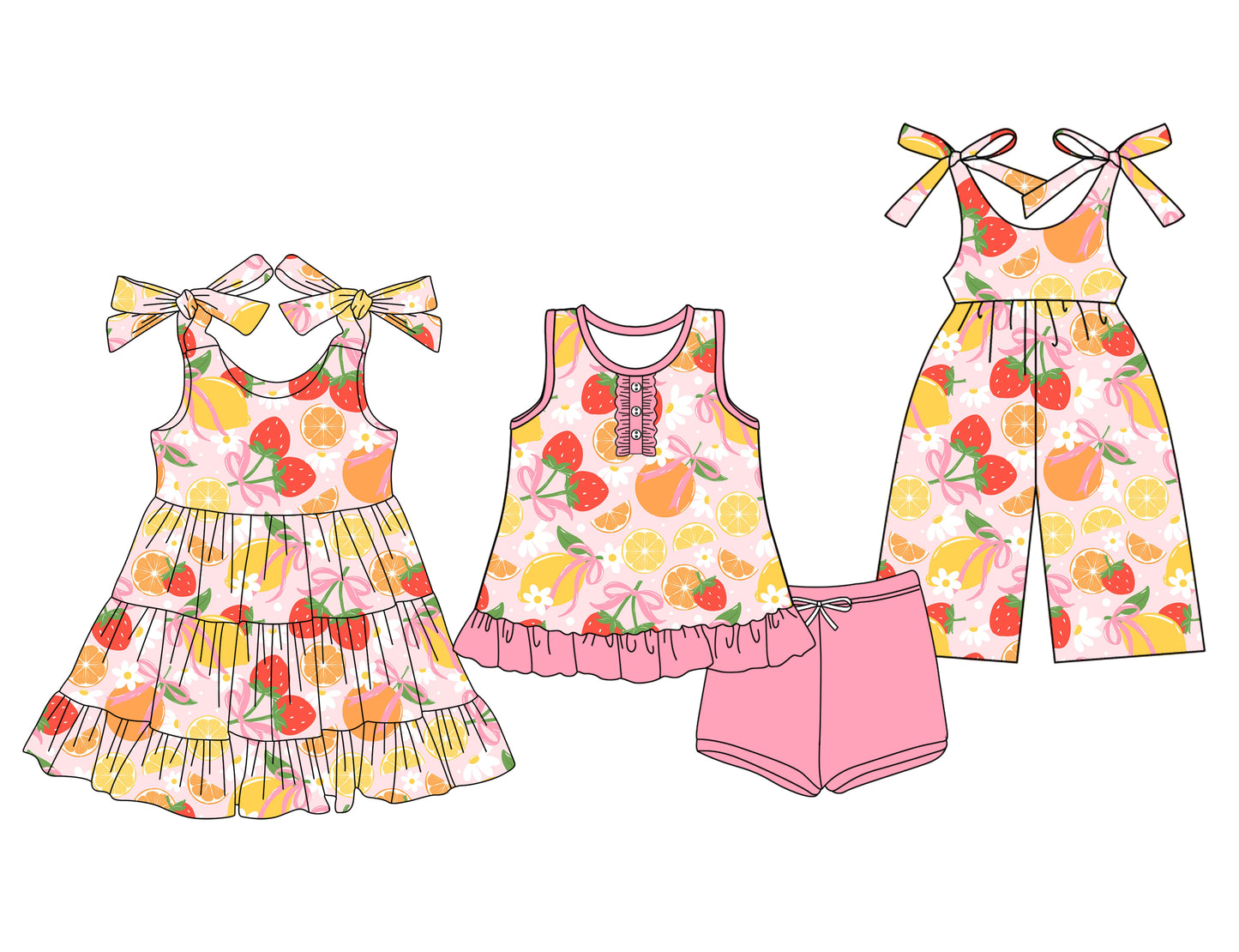 3.15 custom each style moq 5eta 4-6week Sibling Sister fruit baby girl short sleeve shorts sets and dresses and jumpsuit match design