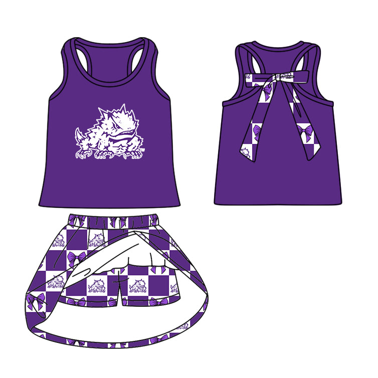 Custom moq 5 mix size milk silk summer teams Checked Bows Baby Girl Purple Sleeveless Top Skirt Short Set Dress And Shorts Yoga Outfit Boy's Top Shorts Set Romper