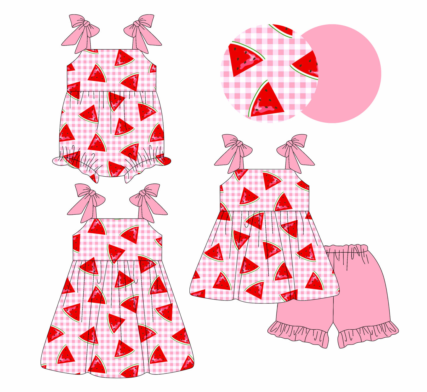 26.1.9 custom each style moq 5 eta 6-8week Sibling Sister watermelon baby short sleeve shorts sets and romper and dress match design