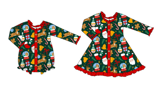 25.6.9 custom each style moq 5eta 4-6week Sibling Sisters Christmas green baby girl long sleeve dress and rompers match family design