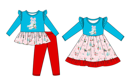 25.6.12 custom each style moq 5eta 4-6week Sibling Sisters Christmas boots bow baby girl long sleeve pants sets and dress match family design