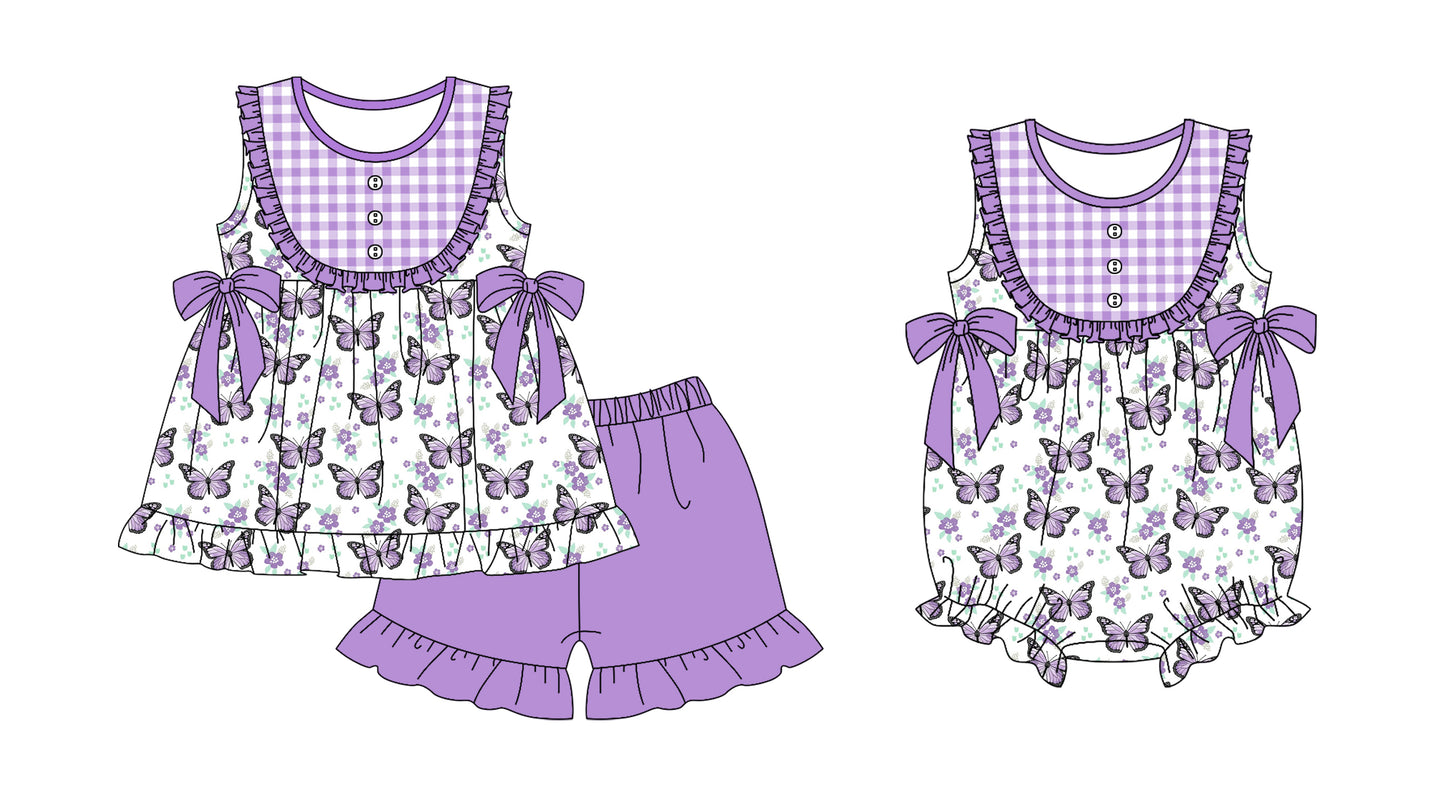 11.18 custom each style moq 5eta 4-6week Sibling Sister floral purple baby girl short sleeve shorts sets and rompers match design