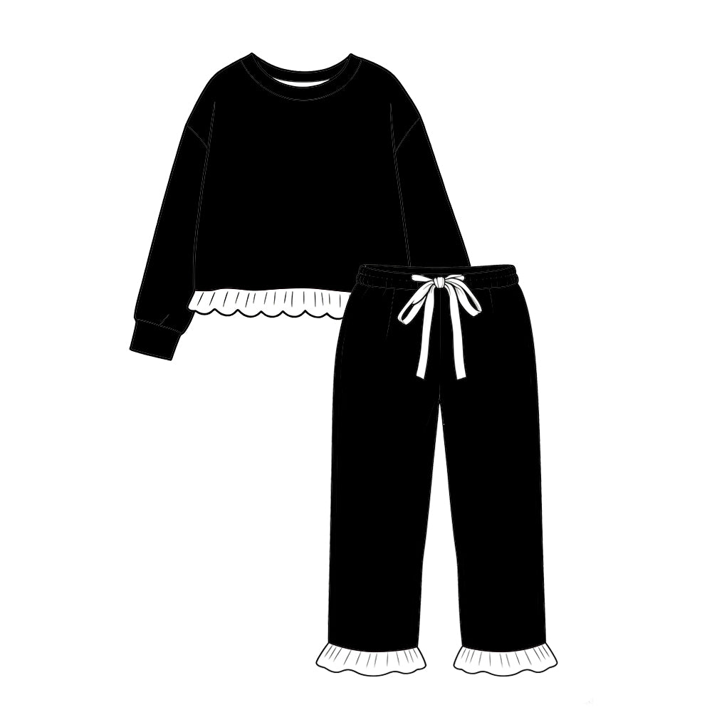 custom moq 5 mix size Baby Girls Solid Black Long Sleeve Top Trim Ruffle Pants Outfit Set