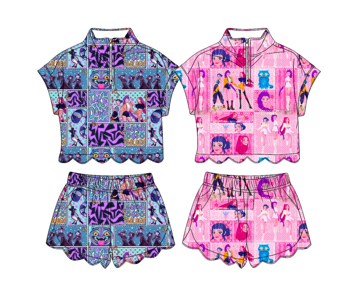 3.14 Custom moq 5 mix size Sibling Baby Girls Checked Zipper Top Short Scallop Clothes Sets