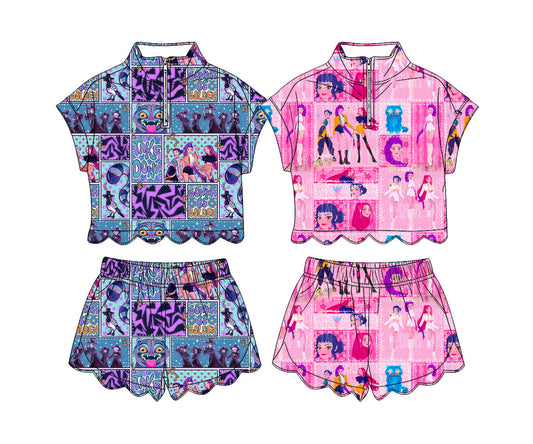 3.14 Custom moq 5 mix size Sibling Baby Girls Checked Zipper Top Short Scallop Clothes Sets