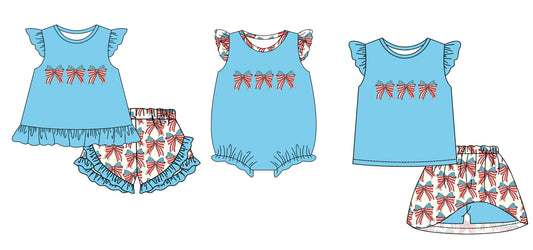 11.30 custom each style moq 5eta 4-6week Sibling Sister 4th of july bow baby girl short sleeve shorts sets and dress and rompers match family design