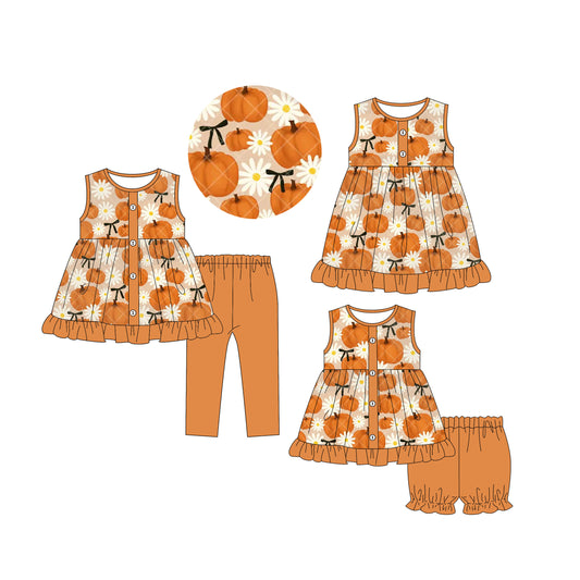 5.5 custom each style moq 5eta 4-6week Sibling Sisters pumpkin bow floral baby short sleeve shorts sets and pants sets and dress match family design