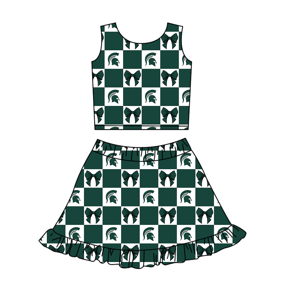 Custom moq 3 or 5 mix size milk silk summer teams baby girl clothes dark green sleeveless skirts sets 3 and dresss and shorts-26.1.21
