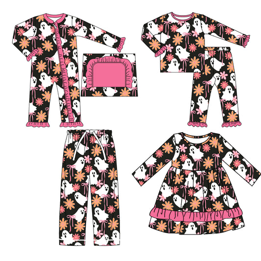 25.5.12 custom each style moq 5eta 4-6week Sibling Sisters ghost bow baby girl long sleeve pants sets and romper and dress and adult pants match family design
