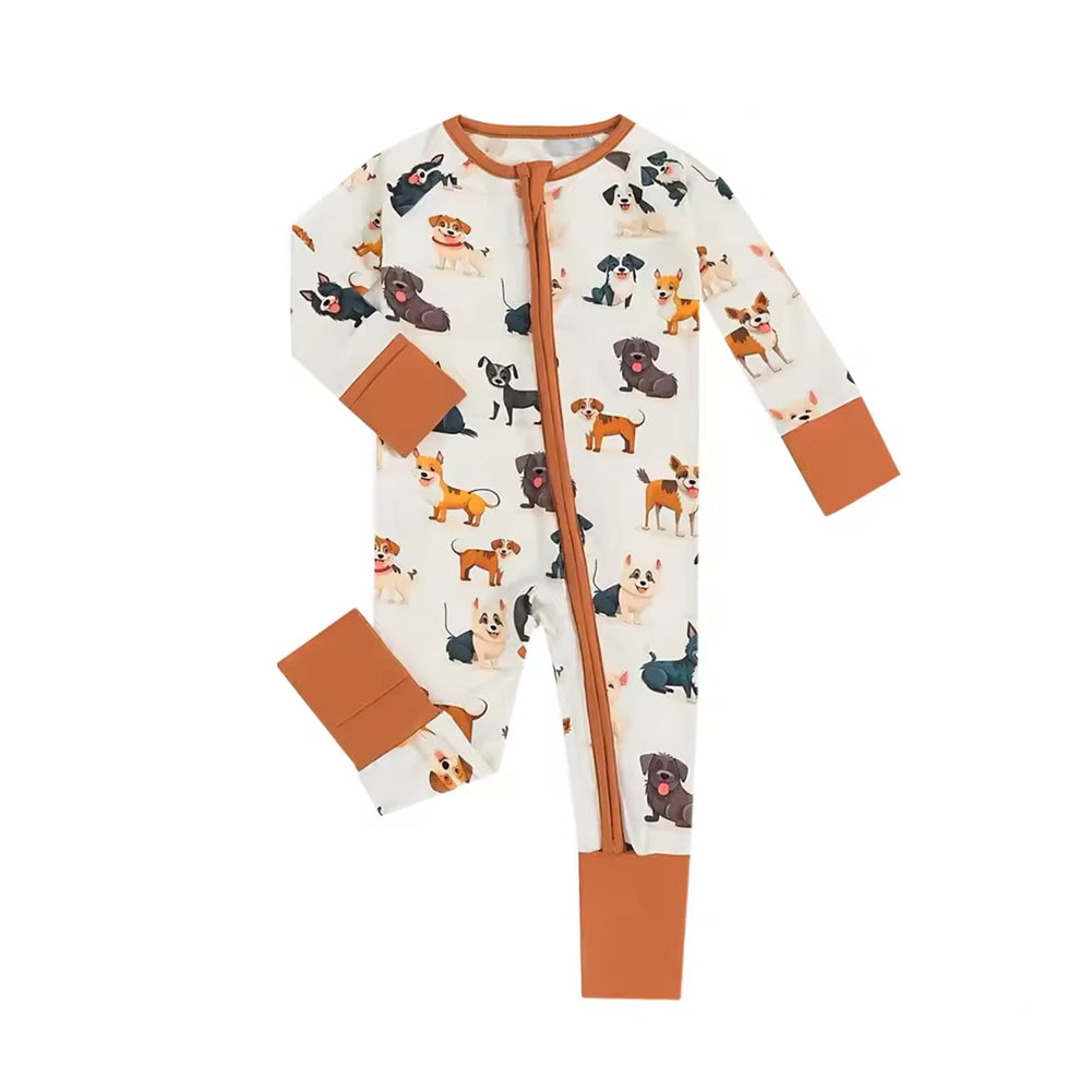 5.16custom each style moq 5eta 4-5week Sibling Sister puppy dog print brown boys outfits and baby romper match family design