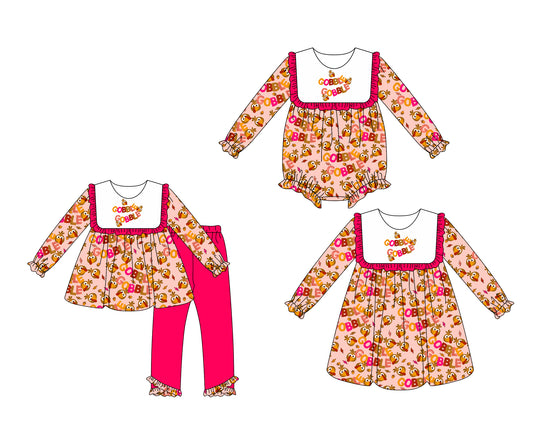 25.7.7 custom each style moq 5eta 4-6week Sibling Sisters GOBBLE baby girl long sleeve pants sets and dress and rompers match family design