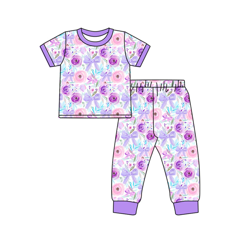 10.23 custom each style moq 5eta 4-6week Sibling Sister flower bow purple baby girls short sleeve sets and rompers match design