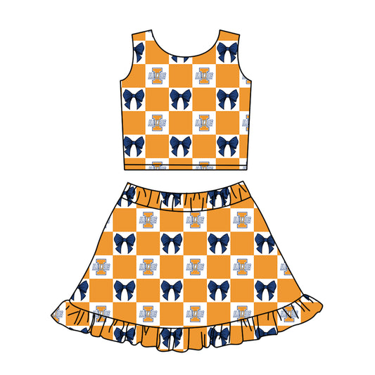 Custom moq 3 or 5 mix size milk silk summer teams baby girl clothes bow orange sleeveless skirts sets-26.1.20