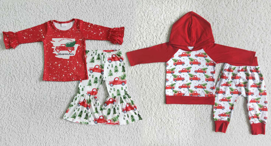 Baby Girls boys Christmas style car prints white and red Family siblings set