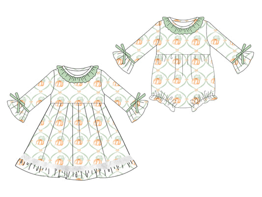25.7.4 custom each style moq 5eta 4-6week Sibling Sisters pumpkin bow baby girl long sleeve dress and rompers match family design