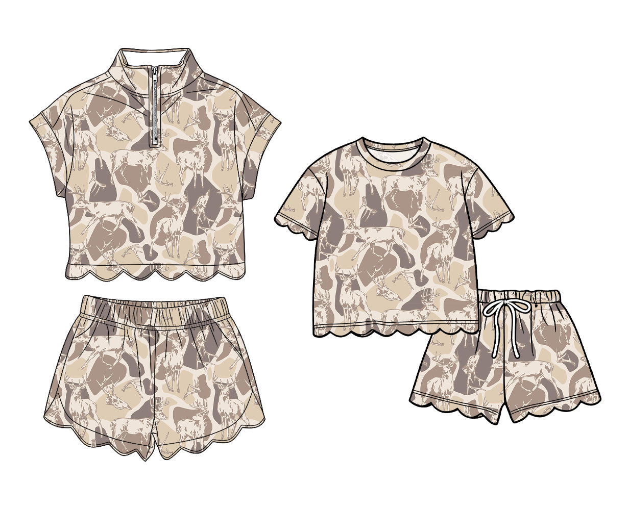 3.13 Custom moq 5 mix size Sibling Baby Girls Camo  Scallop Top And Shorts Outfit Set Cute Baby Girl Clothing Set