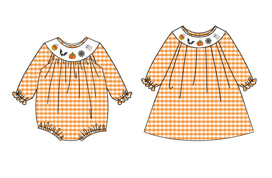 25.5.14 custom each style moq 5eta 4-6week Sibling Sisters pumpkin ghost baby girl long sleeve dress and rompers match family design