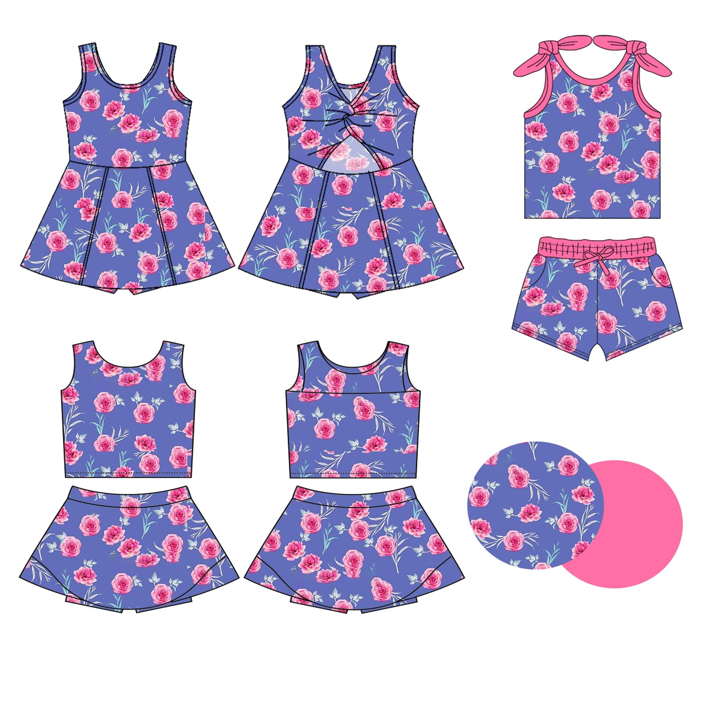 3.22 custom each style moq 5eta 4-6week Sibling Sister floral baby girls clothes Short sleeve shorts sets and yoga dress 1 and dress 2 match family design