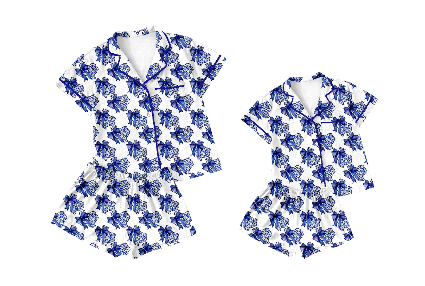 4.13 Custom moq 5 mix size Sibling Mom And Me Blue Bows Short-Sleeved Top And Shorts Pajama Set Summer Sleepwear