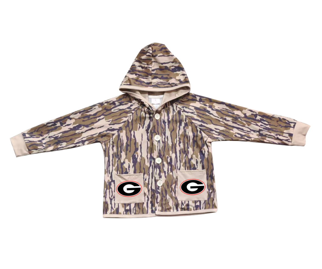 Custom moq 5 mix size milk silk baby boys clothes team summer camouflage button hooded long sleeve top-25.11.25
