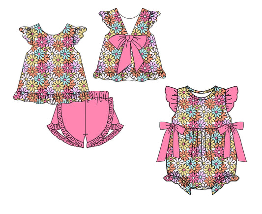 Custom moq 5 mix size Sibling Baby Girl Floral Print Romper Set Sleeveless Top And Shorts Outfit for Spring/Summer