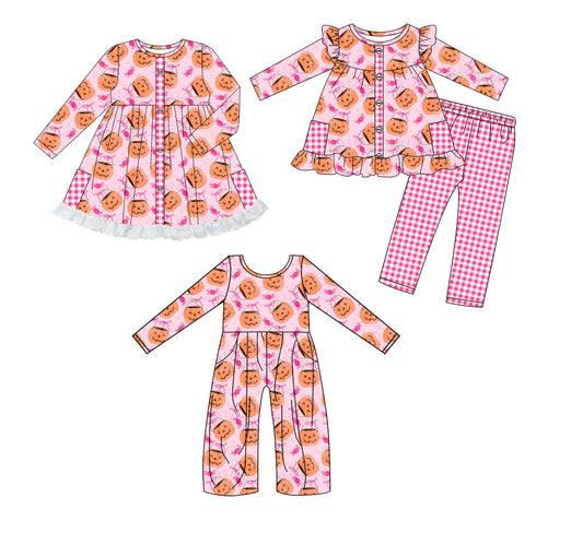 25.8.11 custom each style moq 5eta 4-6week Sibling Sisters pumpkin baby girl long sleeve pants sets and dress and jumpsuit match family design