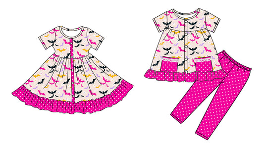 5.6 custom each style moq 5eta 4-6week Sibling Sister bat baby girl pants sets and dress match family design