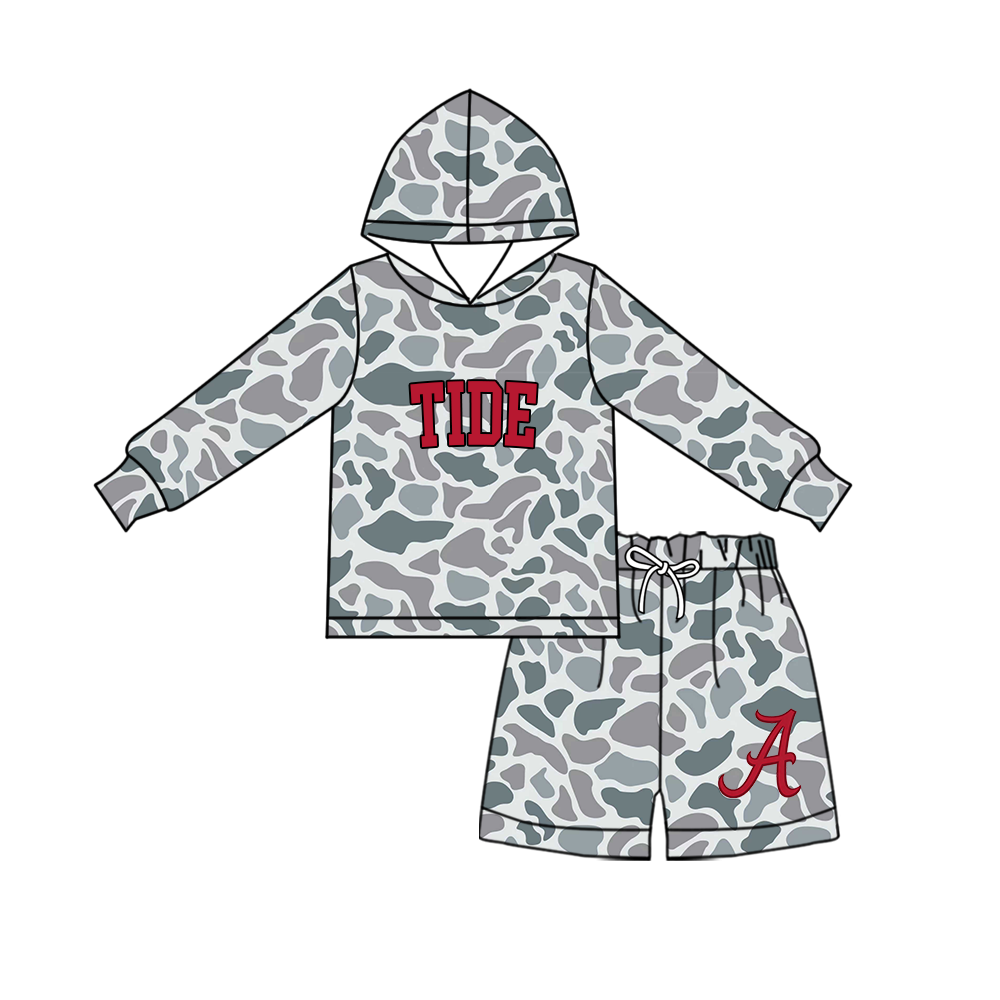 custom moq 5 mix size MSD072505 Baby Kids Grey Camo Long Sleeve Hoodie Top Shorts Team Set